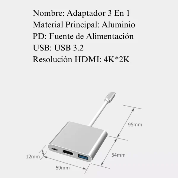 Adaptador Convertidor 3 En 1 Hub Usb C A HDMI/USB 3.0/TIPO C - Image 9