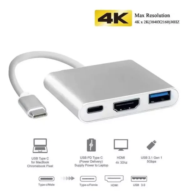 Adaptador Convertidor 3 En 1 Hub Usb C A HDMI/USB 3.0/TIPO C - Image 7