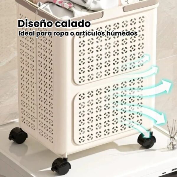 Cesto de Ropa Sucia Plegable con Ruedas y Manijas – Plástico Crema - Image 4