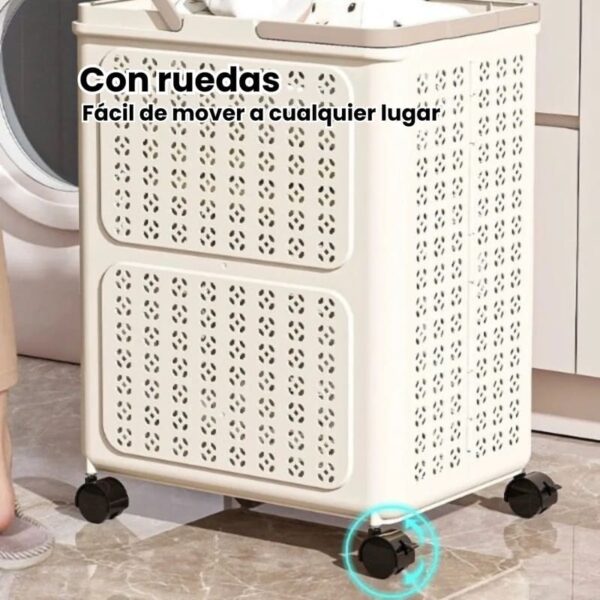 Cesto de Ropa Sucia Plegable con Ruedas y Manijas – Plástico Crema - Image 5