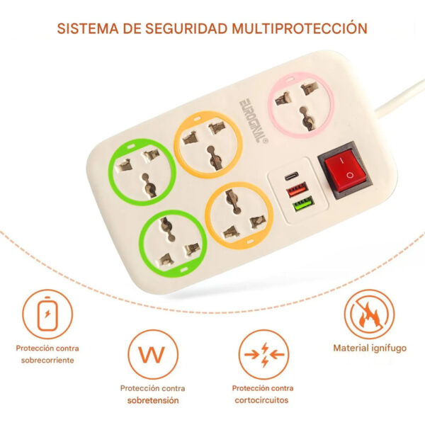 Prolongador Eléctrico Universal 5 Tomas + 3 USB 2m Blanco – Multiprotección y Comodidad - Image 3
