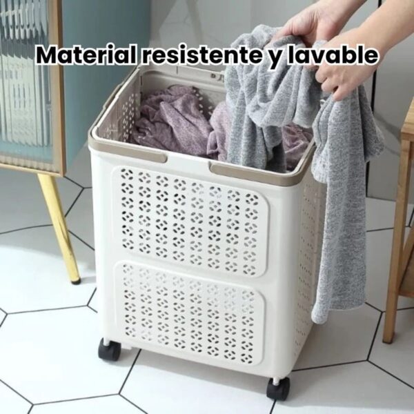 Cesto de Ropa Sucia Plegable con Ruedas y Manijas – Plástico Crema - Image 6