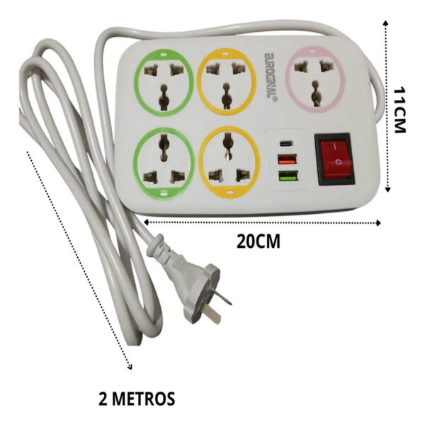 Prolongador Eléctrico Universal 5 Tomas + 3 USB 2m Blanco – Multiprotección y Comodidad - Image 2