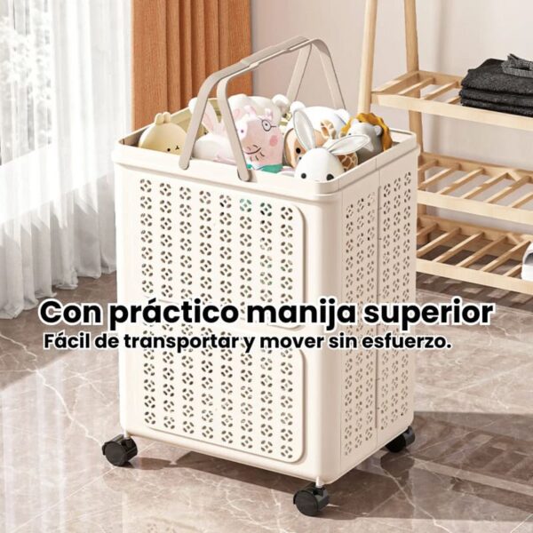 Cesto de Ropa Sucia Plegable con Ruedas y Manijas – Plástico Crema - Image 3