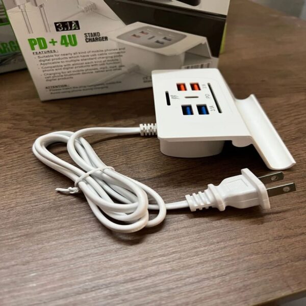 Cargador de Pared 4 Puertos USB + Tipo C | Carga Rápida 3.1A + Soporte | 90cm de Cable - Image 4