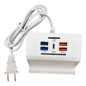 Cargador de Pared 4 Puertos USB + Tipo C | Carga Rápida 3.1A + Soporte | 90cm de Cable