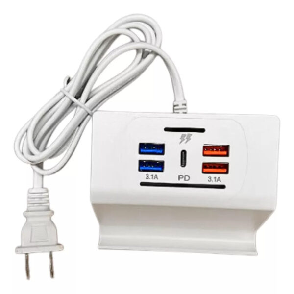 Cargador de Pared 4 Puertos USB + Tipo C | Carga Rápida 3.1A + Soporte | 90cm de Cable