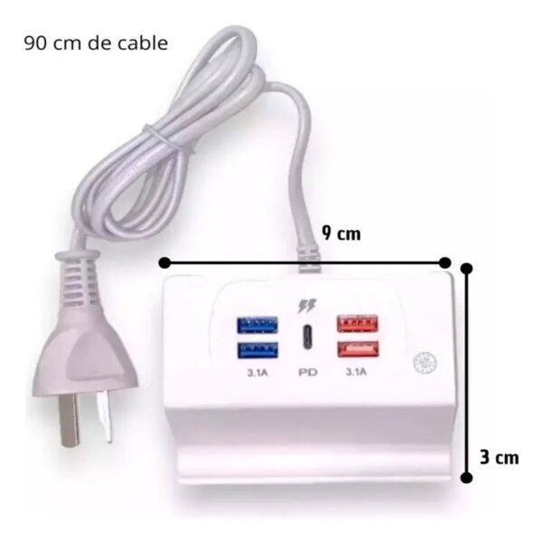 Cargador de Pared 4 Puertos USB + Tipo C | Carga Rápida 3.1A + Soporte | 90cm de Cable - Image 2