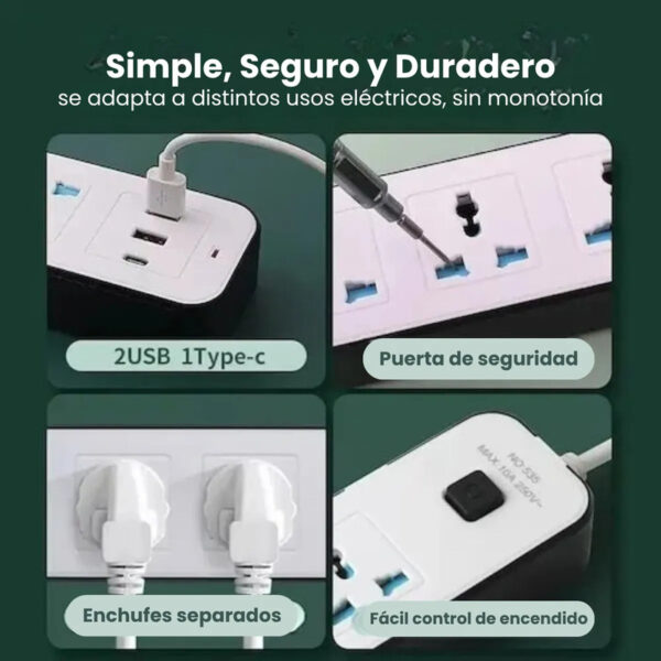 Alargue Prolongador 3 Tomas 220V 2 m + 2 USB + 1 Tipo-C Blanco - Image 5